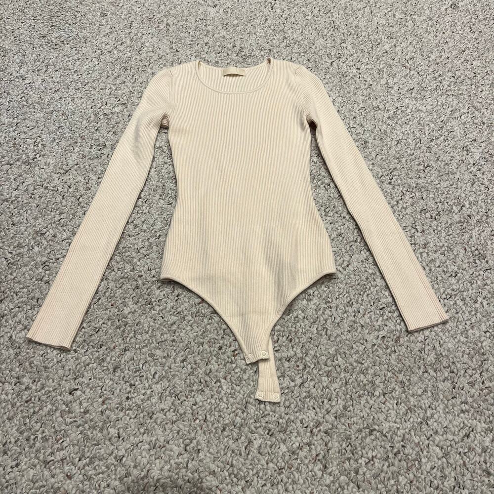 Nuuds Long Sleeve Ribbed Bodysuit Cream S Classic Comfort Stretch Basic Normcore